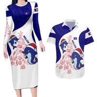 Belize Christmas Couples Matching Long Sleeve Bodycon Dress and Hawaiian Shirt with Santa Dolphins Coral Reef and Ocean Holiday Theme - Wonder Print Shop