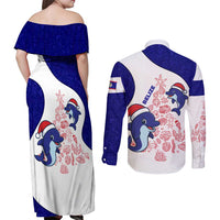 Belize Christmas Couples Matching Off Shoulder Maxi Dress and Long Sleeve Button Shirt with Santa Dolphins Coral Reef and Ocean Holiday Theme - Wonder Print Shop