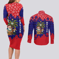 Belize Christmas Couples Matching Long Sleeve Bodycon Dress and Long Sleeve Button Shirt with Santa Toucan Palm Tree and Tribal Holiday Pattern - Wonder Print Shop