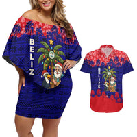 Belize Christmas Couples Matching Off Shoulder Short Dress and Hawaiian Shirt with Santa Toucan Palm Tree and Tribal Holiday Pattern - Wonder Print Shop