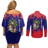 Belize Christmas Couples Matching Off Shoulder Short Dress and Long Sleeve Button Shirt with Santa Toucan Palm Tree and Tribal Holiday Pattern - Wonder Print Shop