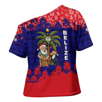 Belize Christmas Cross Shoulder Shirt with Santa Toucan Palm Tree and Tribal Holiday Pattern - Wonder Print Shop