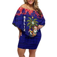 Belize Christmas Family Matching Off Shoulder Short Dress and Hawaiian Shirt with Santa Toucan Palm Tree and Tribal Holiday Pattern - Wonder Print Shop