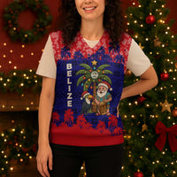 Belize Christmas Knitted V-Neck Vest with Santa Toucan Palm Tree and Tribal Holiday Pattern - Wonder Print Shop
