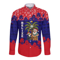 Belize Christmas Long Sleeve Button Shirt with Santa Toucan Palm Tree and Tribal Holiday Pattern - Wonder Print Shop