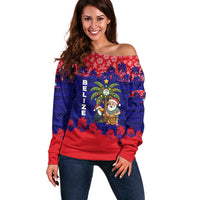 Belize Christmas Off Shoulder Sweater with Santa Toucan Palm Tree and Tribal Holiday Pattern - Wonder Print Shop