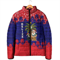 Belize Christmas Padded Jacket with Santa Toucan Palm Tree and Tribal Holiday Pattern - Wonder Print Shop