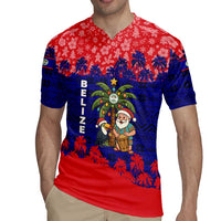 Belize Christmas Rugby Jersey with Santa Toucan Palm Tree and Tribal Holiday Pattern - Wonder Print Shop