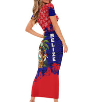 Belize Christmas Short Sleeve Bodycon Dress with Santa Toucan Palm Tree and Tribal Holiday Pattern - Wonder Print Shop
