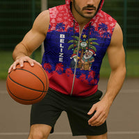 Belize Christmas Sleeveless Zip Hoodie with Santa Toucan Palm Tree and Tribal Holiday Pattern - Wonder Print Shop