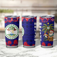 Belize Christmas Tumbler Cup with Santa Toucan Palm Tree and Tribal Holiday Pattern - Wonder Print Shop