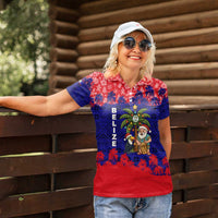 Belize Christmas Women Polo Shirt with Santa Toucan Palm Tree and Tribal Holiday Pattern - Wonder Print Shop