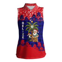 Belize Christmas Women Sleeveless Polo Shirt with Santa Toucan Palm Tree and Tribal Holiday Pattern - Wonder Print Shop