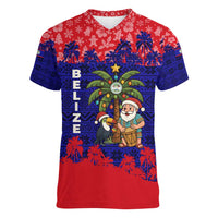 Belize Christmas Women V-Neck T-Shirt with Santa Toucan Palm Tree and Tribal Holiday Pattern - Wonder Print Shop