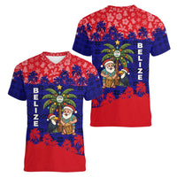 Belize Christmas Women V-Neck T-Shirt with Santa Toucan Palm Tree and Tribal Holiday Pattern - Wonder Print Shop