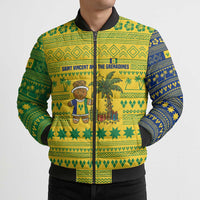 Saint Vincent and the Grenadines Christmas Bomber Puffer Jacket with Gingerbread Boy Palm Tree and Traditional Pattern - Wonder Print Shop