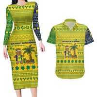 Saint Vincent and the Grenadines Christmas Couples Matching Long Sleeve Bodycon Dress and Hawaiian Shirt with Gingerbread Boy Palm Tree and Traditional Pattern - Wonder Print Shop