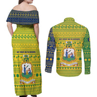 Saint Vincent and the Grenadines Christmas Couples Matching Off Shoulder Maxi Dress and Long Sleeve Button Shirt with Gingerbread Boy Palm Tree and Traditional Pattern - Wonder Print Shop