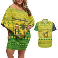 Saint Vincent and the Grenadines Christmas Couples Matching Off Shoulder Short Dress and Hawaiian Shirt with Gingerbread Boy Palm Tree and Traditional Pattern - Wonder Print Shop