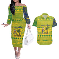 Saint Vincent and the Grenadines Christmas Couples Matching Off The Shoulder Long Sleeve Dress and Hawaiian Shirt with Gingerbread Boy Palm Tree and Traditional Pattern - Wonder Print Shop