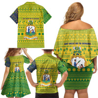Saint Vincent and the Grenadines Christmas Family Matching Off Shoulder Short Dress and Hawaiian Shirt with Gingerbread Boy Palm Tree and Traditional Pattern - Wonder Print Shop