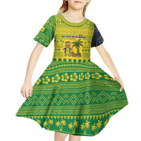 Saint Vincent and the Grenadines Christmas Kid Short Sleeve Dress with Gingerbread Boy Palm Tree and Traditional Pattern - Wonder Print Shop
