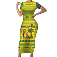 Saint Vincent and the Grenadines Christmas Short Sleeve Bodycon Dress with Gingerbread Boy Palm Tree and Traditional Pattern - Wonder Print Shop