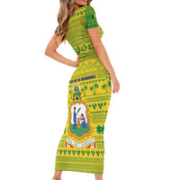 Saint Vincent and the Grenadines Christmas Short Sleeve Bodycon Dress with Gingerbread Boy Palm Tree and Traditional Pattern - Wonder Print Shop