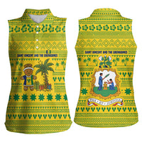 Saint Vincent and the Grenadines Christmas Women Sleeveless Polo Shirt with Gingerbread Boy Palm Tree and Traditional Pattern - Wonder Print Shop
