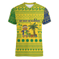 Saint Vincent and the Grenadines Christmas Women V-Neck T-Shirt with Gingerbread Boy Palm Tree and Traditional Pattern - Wonder Print Shop