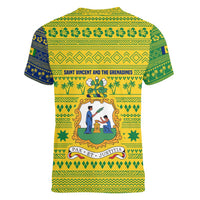 Saint Vincent and the Grenadines Christmas Women V-Neck T-Shirt with Gingerbread Boy Palm Tree and Traditional Pattern - Wonder Print Shop