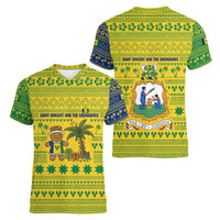Saint Vincent and the Grenadines Christmas Women V-Neck T-Shirt with Gingerbread Boy Palm Tree and Traditional Pattern - Wonder Print Shop