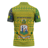Saint Vincent and the Grenadines Christmas Zipper Polo Shirt with Gingerbread Boy Palm Tree and Traditional Pattern - Wonder Print Shop