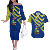 Saint Vincent and the Grenadines Christmas Couples Matching Off The Shoulder Long Sleeve Dress and Hawaiian Shirt with Parrot Playing Steelpan and Tropical Pattern Design - Wonder Print Shop