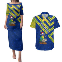Saint Vincent and the Grenadines Christmas Couples Matching Puletasi and Hawaiian Shirt with Parrot Playing Steelpan and Tropical Pattern Design - Wonder Print Shop