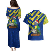 Saint Vincent and the Grenadines Christmas Couples Matching Puletasi and Hawaiian Shirt with Parrot Playing Steelpan and Tropical Pattern Design - Wonder Print Shop