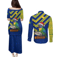 Saint Vincent and the Grenadines Christmas Couples Matching Puletasi and Long Sleeve Button Shirt with Parrot Playing Steelpan and Tropical Pattern Design - Wonder Print Shop
