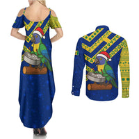 Saint Vincent and the Grenadines Christmas Couples Matching Summer Maxi Dress and Long Sleeve Button Shirt with Parrot Playing Steelpan and Tropical Pattern Design - Wonder Print Shop