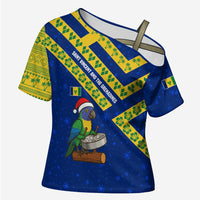 Saint Vincent and the Grenadines Christmas Cross Shoulder Shirt with Parrot Playing Steelpan and Tropical Pattern Design - Wonder Print Shop