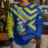 Saint Vincent and the Grenadines Christmas Kid Ugly Christmas Sweater with Parrot Playing Steelpan and Tropical Pattern Design - Wonder Print Shop