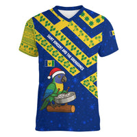 Saint Vincent and the Grenadines Christmas Women V-Neck T-Shirt with Parrot Playing Steelpan and Tropical Pattern Design - Wonder Print Shop