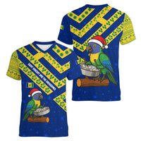 Saint Vincent and the Grenadines Christmas Women V-Neck T-Shirt with Parrot Playing Steelpan and Tropical Pattern Design - Wonder Print Shop
