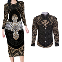 Polynesian Hawaii Tattoo Couples Matching Long Sleeve Bodycon Dress and Long Sleeve Button Shirts - Wonder Print Shop