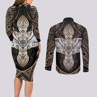Polynesian Hawaii Tattoo Couples Matching Long Sleeve Bodycon Dress and Long Sleeve Button Shirts - Wonder Print Shop