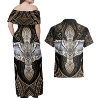 Polynesian Hawaii Tattoo Couples Matching Off Shoulder Maxi Dress and Hawaiian Shirt - Wonder Print Shop