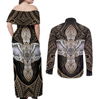 Polynesian Hawaii Tattoo Couples Matching Off Shoulder Maxi Dress and Long Sleeve Button Shirts - Wonder Print Shop