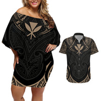 Polynesian Hawaii Tattoo Couples Matching Off Shoulder Short Dress and Hawaiian Shirt - Wonder Print Shop