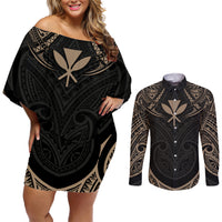 Polynesian Hawaii Tattoo Couples Matching Off Shoulder Short Dress and Long Sleeve Button Shirts - Wonder Print Shop