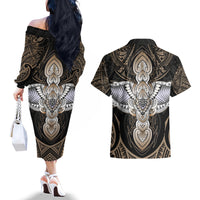 Polynesian Hawaii Tattoo Couples Matching Off The Shoulder Long Sleeve Dress and Hawaiian Shirt - Wonder Print Shop