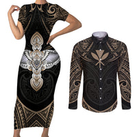 Polynesian Hawaii Tattoo Couples Matching Short Sleeve Bodycon Dress and Long Sleeve Button Shirts - Wonder Print Shop